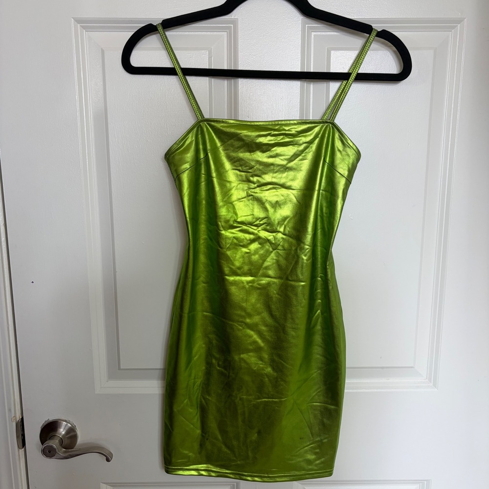 Motel Rocks Metallic Green Mini Dress Bodycon Spaghetti Strap Lime XS NWT